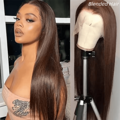 Peruca Frontal de Renda Reta Marrom de 34 Polegadas com Densidade de 200%, Cabelo Misturado de 13x4 HD, Cabelo Misturado Humano Pré-Desfiado com Linha de Cabelo Natural e Cabelo Bebê para Uso Diário