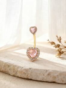 1pc Sexy Luxury Heart Shaped Cubic Zirconia Belly Button Ring, Women's Body Piercing Jewelry For Party