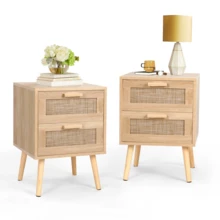 VOWNER 2PCS Rattan Nightstand, Side Table With 2 Hand Made Rattan Decorated Drawers, Wood Accent Table With Storage For Bedroom, Natural Oak - Natural Oak - 查看 9