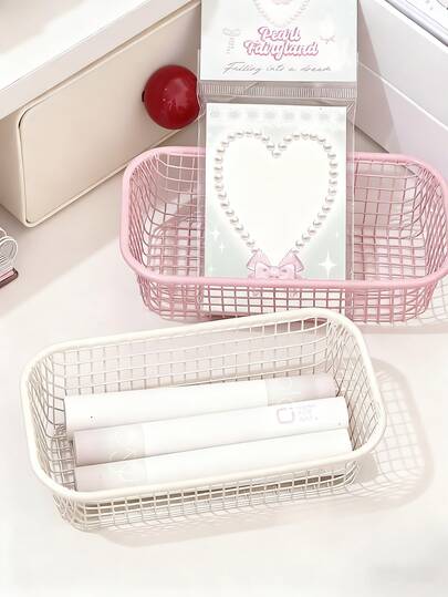 One Cream Colored Desk Sundries Small Item Storage Basket Student Office Stationery Storage Box Iron Art Sorting Storage Fresh And Simple Anime Storage Basket Shooting Props