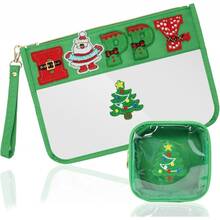 Set de 2 bolsas de maquillaje con árbol de Navidad feliz, con parche de letras de chenilla, bolsa de maquillaje transparente impermeable de PVC con asa, bolsa de almacenamiento portátil de artículos de tocador, decoración de la habitación de maquillaje - Multicolor - Ver 8