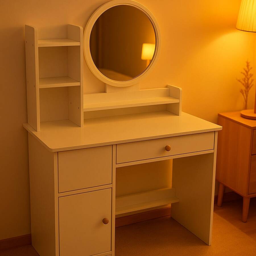 Modern Vanity Table With Illuminated Mirror, Storage Drawers & Shelves, Cozy Bedroom Makeup Desk For Women & Girls, Elegant Beauty Station, Perfect Christmas & Holiday Gift For Bedroom Or Apartment - 白色 - 查看 1
