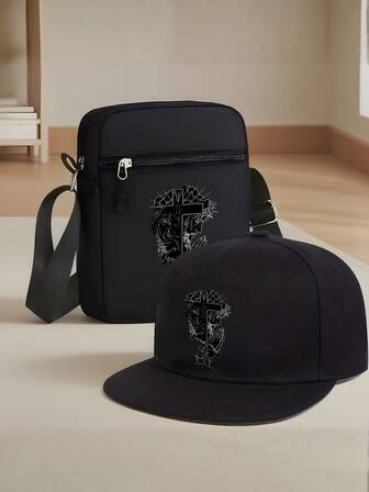 1pc/2pcs Jesus Cross Print Unisex Flat Brim Casual Baseball Cap And Crossbody Bag, Y2K Streetwear Fashion Outdoor Sports Cap And Shoulder Bag, Adjustable, Great Gift For Yourself Or Friends