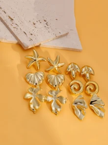 6 perechi de cercei pentru femei, din aur, cu model geometric neregulat, la modă, CCB, transfrontalier european și american, cu stil retro și simplu, cercei cu elemente de frunze de arțar și inimă de stea de mare, potriviți pentru festivaluri zilnice, întâlniri, banchete și cadouri de înaltă calitate pentru prieteni și mame - Aur 1 - Vizualizare 3