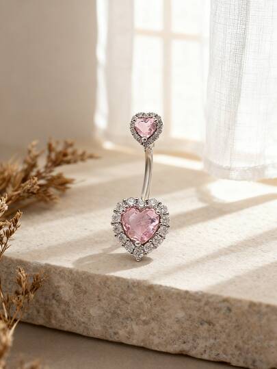1pc Sexy Luxury Heart Shaped Cubic Zirconia Belly Button Ring, Women's Body Piercing Jewelry For Party