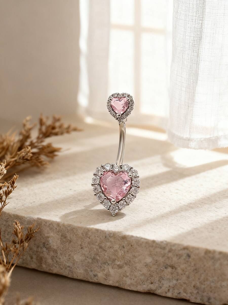 1pc Sexy Luxury Heart Shaped Cubic Zirconia Belly Button Ring, Women's Body Piercing Jewelry For Party