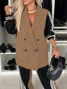 Fashionable & Elegant Women's Color Block Cuff Ribbed Hem Splice Tape Office Casual Suit Set, Suitable For Commuting, Business, And Casual Daily Wear Spring - Black and Khaki - View 4
