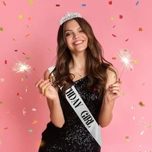 9pcs Rhinestone Decor Birthday Party Crown & Sash Set, Modern Party Crown & Sash Set For Home, Back To School Valentine Day