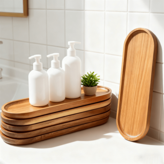 高级浴室托盘 - 配有 4 种木质托盘可选，完美装饰浴室，适用于浴室、梳妆台、香水、肥皂碟、珠宝和其他小物件，高端木质托盘，用于存放浴室必需品和化妆品。