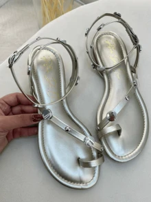 Pegada da Onca Calcados New Women's Flat Sandal With Metallic Applique And Side Adjustment Straps At Ankle - 淺金色 - 查看 2