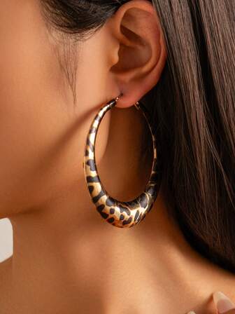 1 Pair Leopard Print Hoop Earrings, Exaggerated Sexy Design, Personalized Round Circle Big Earrings For Women
