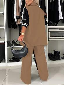 Fashionable & Elegant Women's Color Block Cuff Ribbed Hem Splice Tape Office Casual Suit Set, Suitable For Commuting, Business, And Casual Daily Wear Spring - Black and Khaki - View 3