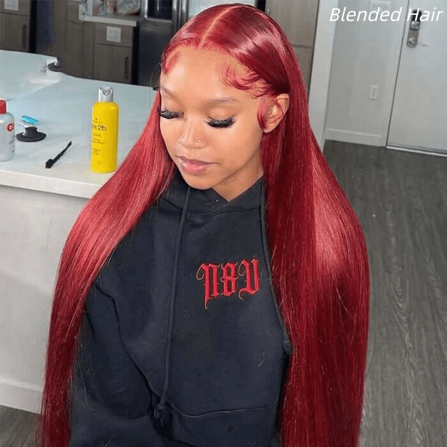 Peruca de cabelo humano misturado com frente de renda de 34 polegadas 99J Borgonha - Reta HD Renda 200% de densidade com nós descoloridos e sem cola 13x4 Peruca Frontal de Renda na cor Vinho Tinto para Mulheres