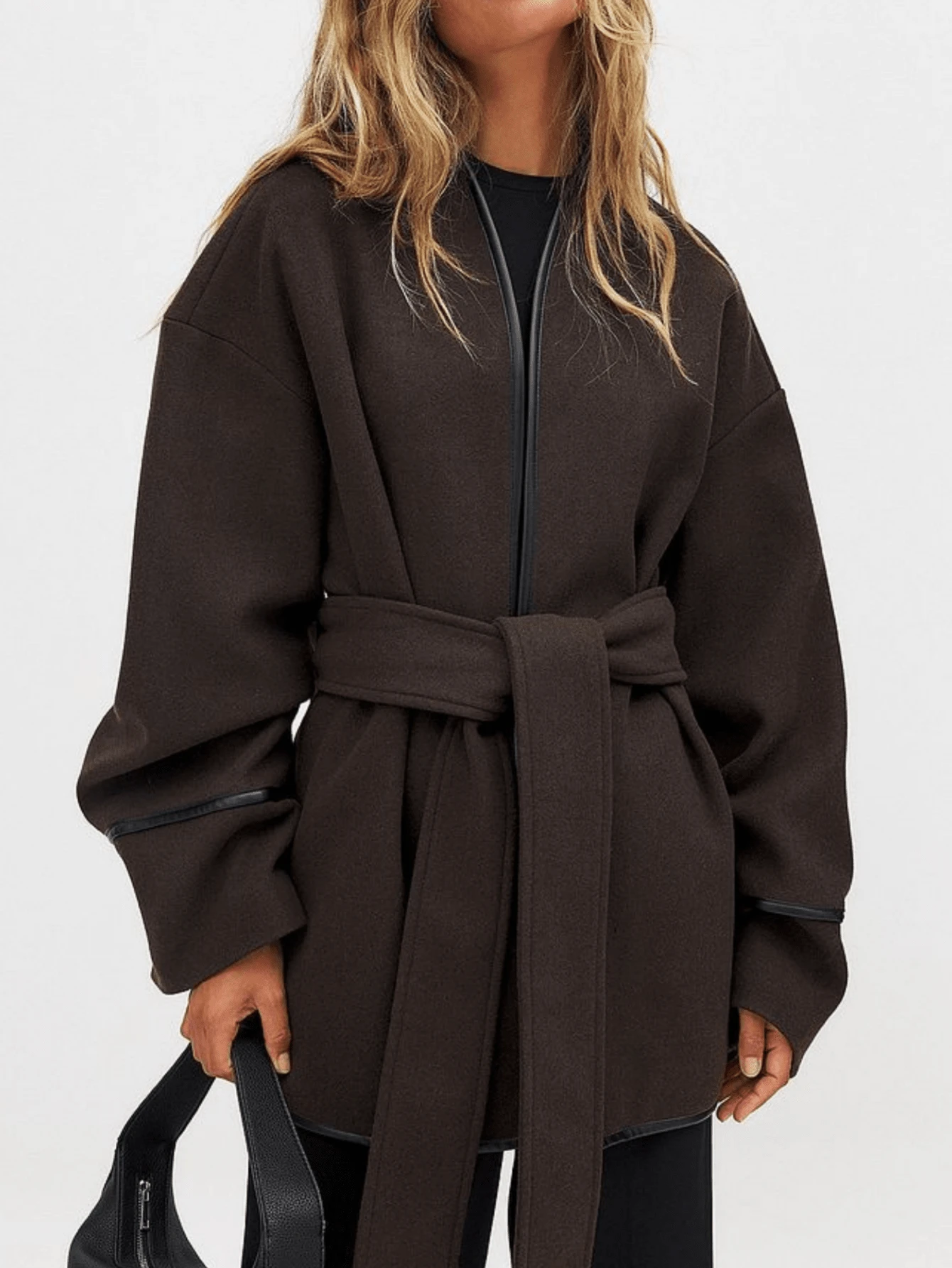 Women's Regular Sleeve Woven Long Sleeve Cinched Waist Flared Hem Warm Lining Coat, With Lapel Design, Slightly Stretchy - Coffee Brown - View 1