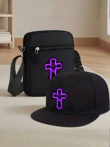 1pc/2pcs Jesus Cross Print Unisex Flat Brim Casual Baseball Cap And Crossbody Bag, Y2K Streetwear Fashion Outdoor Sports Cap And Shoulder Bag, Adjustable, Great Gift For Yourself Or Friends