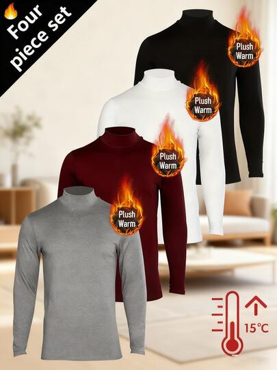 4pcs Men's Thermal Turtleneck Underwear - Soft & Comfortable, Medium Stretch, Warm For Autumn/Winter | Suitable For Daily Wear, Muscle Training, Fitness, Running, Cycling And Skiing. Men's Warm Long Sleeve Sportswear, Turtleneck Thermal Shirt.