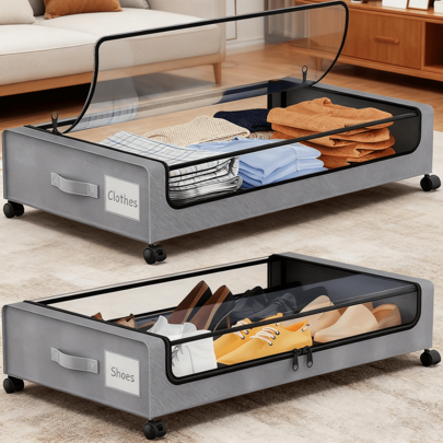 2PC Under Bed Storage Box With Lid - Space-Saving Organizer For Clothes, Shoes, And Accessories, Flip-Top Design, Suitable For Home Or Dorm Use, Trunks