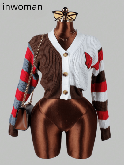 Inwoman Fall Street Colourblock Loose Women Seweaters V-Neck Striped Long Sleeve Letter W Button Women Cardligans Y2k For Women