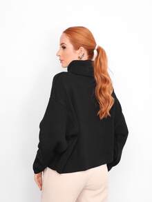 Women's High Neck Long Sleeve Knit Poncho Blouse - Elegant Basic Winter/Cold Weather Casual - Black - View 3