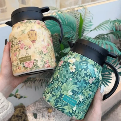 Bule de aço inoxidável, bule de isolamento duplo, design floral elegante, com filtro