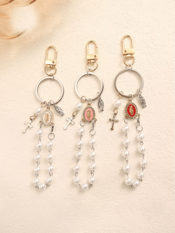 1 قطعة قلادة مفتاح معلق وردة زجاجية راتنجية كلاسيكية، مناسبة لديكور الحقيبة، سلسلة مفاتيح متعددة الوظائف مزينة بخرز الصليب والخرز اللؤلؤي بتصميم بسيط، هدية مثالية للعائلة والأصدقاء