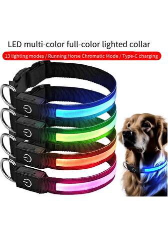 1 pieza Collar luminoso LED multicolor, 13 modos de iluminación/Modo arcoíris cambiante/Carga tipo C