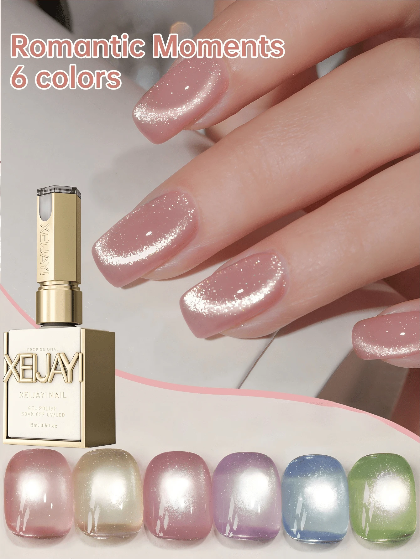 XEIJAYI 6pcs 15ml Romantic Moments Cat Eye Nail Gel Polish, Semi Permanent Nail Art Soaking UV LED Nail Salon DIY Nail Salon Gel For Spring And Summer-With Magnetic Stick Included - 彩色 - 查看 1