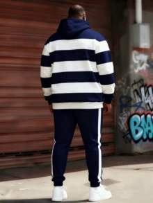 Plus Size Men's Striped Colorblock & "King" Letter Print Hoodie Set, Casual Patchwork Long Sleeve Top And Pants Tracksuit For Daily Wear And Outdoor Exercise - Multicolor - View 2