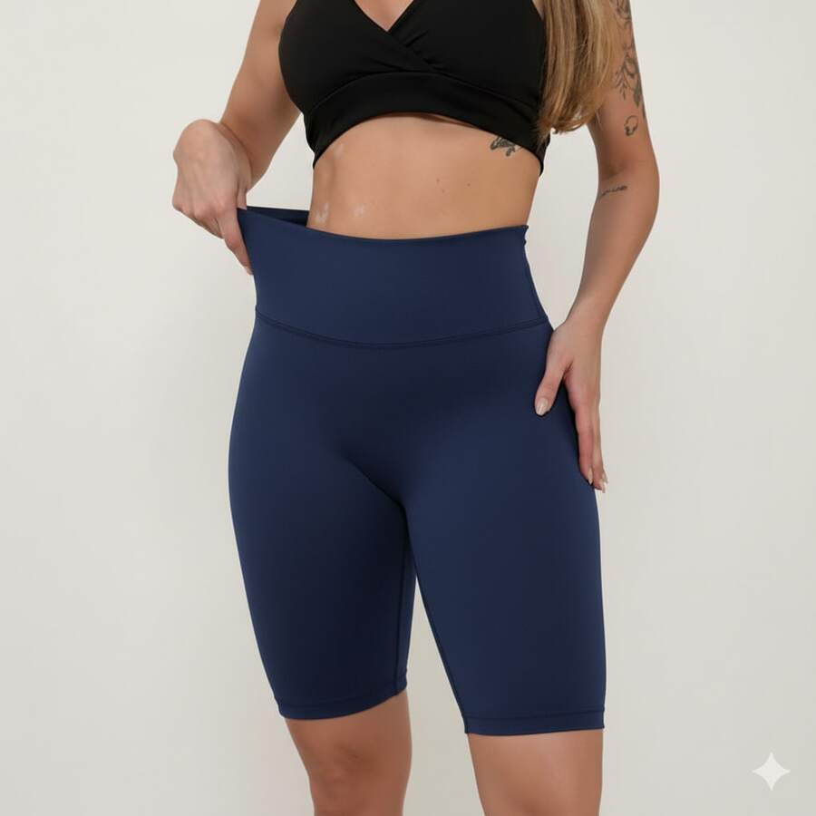 Short Biker Shorts In Plain Supplex Fabric For Gym, Crossfit, Running, High Waist - Màu xanh hải quân - Xem 1
