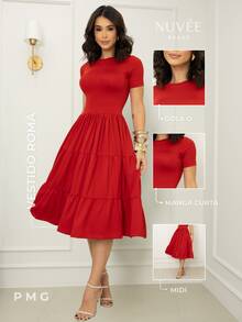 Midi Dress With Ruffles, Peasant Style, Short Sleeves, Delicate, Christmas, Casual, Wedding - Đỏ - Xem 3