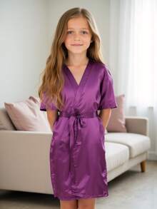 Tween Girl Crossover Short Sleeve Casual Loungewear Purple Robe - Purple - View 5
