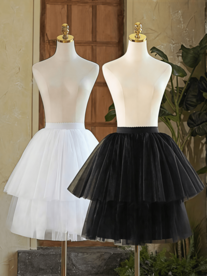 1pc Women's Black & White Cosplay Petticoat Lolita Everyday 55CM Front Short Back Long Skirt, Boneless Short Stiff Tulle Lolita Puffy Mesh Skirt, Suitable For Wedding, Christmas, New Year Party, Travel Photography