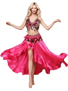 Bộ đồ tập múa bụng dành cho nữ: Áo không tay đính sequin + Chân váy maxi xẻ tà gợi cảm + Dây thắt eo, bộ 3 món, trang phục biểu diễn múa bụng dành cho người lớn. - Nhiều màu - Xem 4