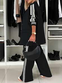 时尚优雅女士罗纹袖口纽扣前开襟长裤，配腰带，办公套装，适合通勤、商务及日常休闲穿着，春季黑色 - 黑色 - 查看 5