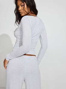 Women Y2k V Neck T Shirt Solid Color Slim Fit Long Sleeve Sexy Henley Shirts Button Ribbed Knit Slim Fit Basic Crop Tops Blouse Casual Going Out Tops Daily Streetwear Aesthetic Clothes - trắng - Xem 4