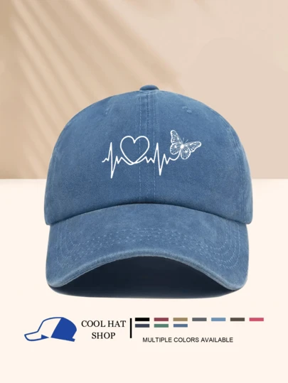 1 pieza Gorra de béisbol para mujer con estampado de línea negra y mariposa, sombrero para el sol al aire libre