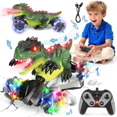 سيارة ديناصور بريموت كنترول، سيارة ركوب بدفع رباعي قابلة للشحن مع إضاءة رذاذ وموسيقى، ألعاب ديناصور للأولاد 3-6 سنوات، هدايا عيد الميلاد والكريسماس للأولاد والبنات 3+