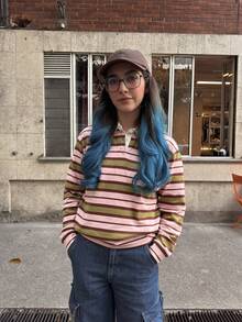 HoloChill 女款對比色條紋 Polo 領休閒長袖針織套頭上衣，2026 夏季新款百搭情人節女款條紋 Polo 領針織套頭毛衣，標準版型，適合秋冬春夏日常穿著、返校、返校舞會，法式風格 - 粉色 - 查看 3