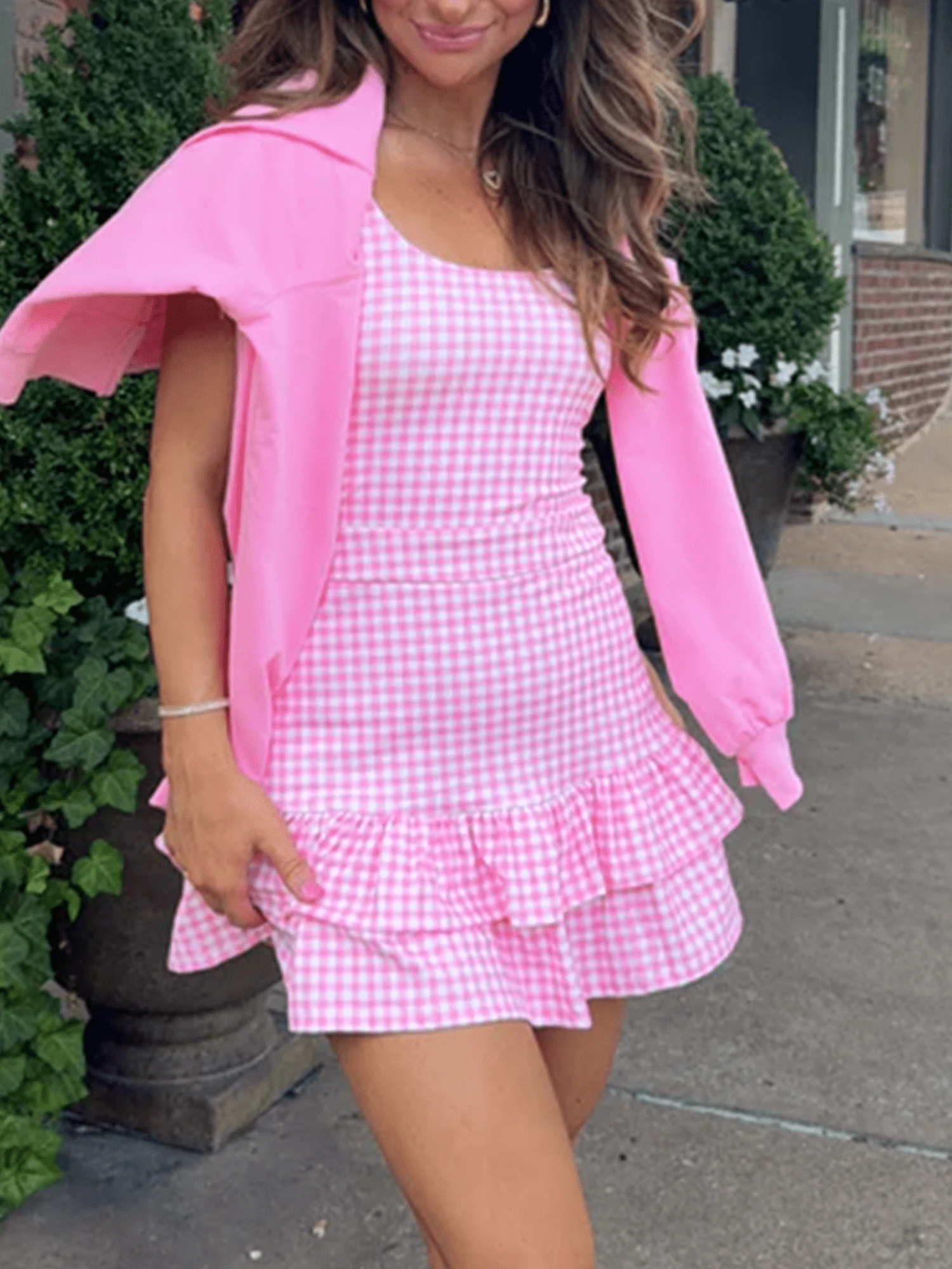 Women's Summer Gingham Mini Dress Y2k Plaid Spaghetti Strap Babydoll Dress Cute Sleeveless V Neck Going Out Outfits - Hồng - Xem 1