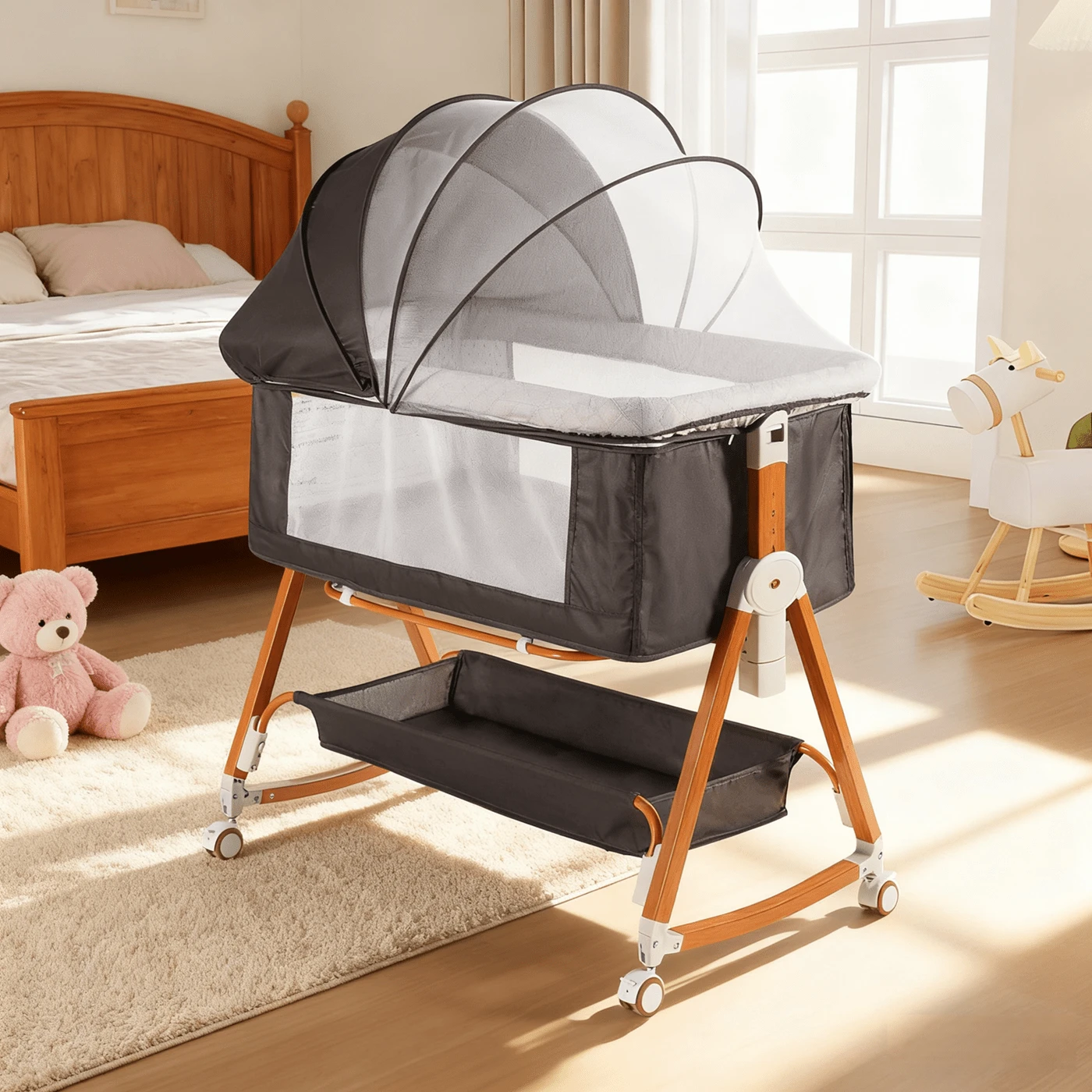 3-In-1 Baby Bassinet, Baby Bed,Baby Crib,Adjustable Bedside Bassinet With Comfy Mattress, Wheels, 6 Height Levels, Easy Folding Portable Crib For Newborns - 深灰色 - 查看 1