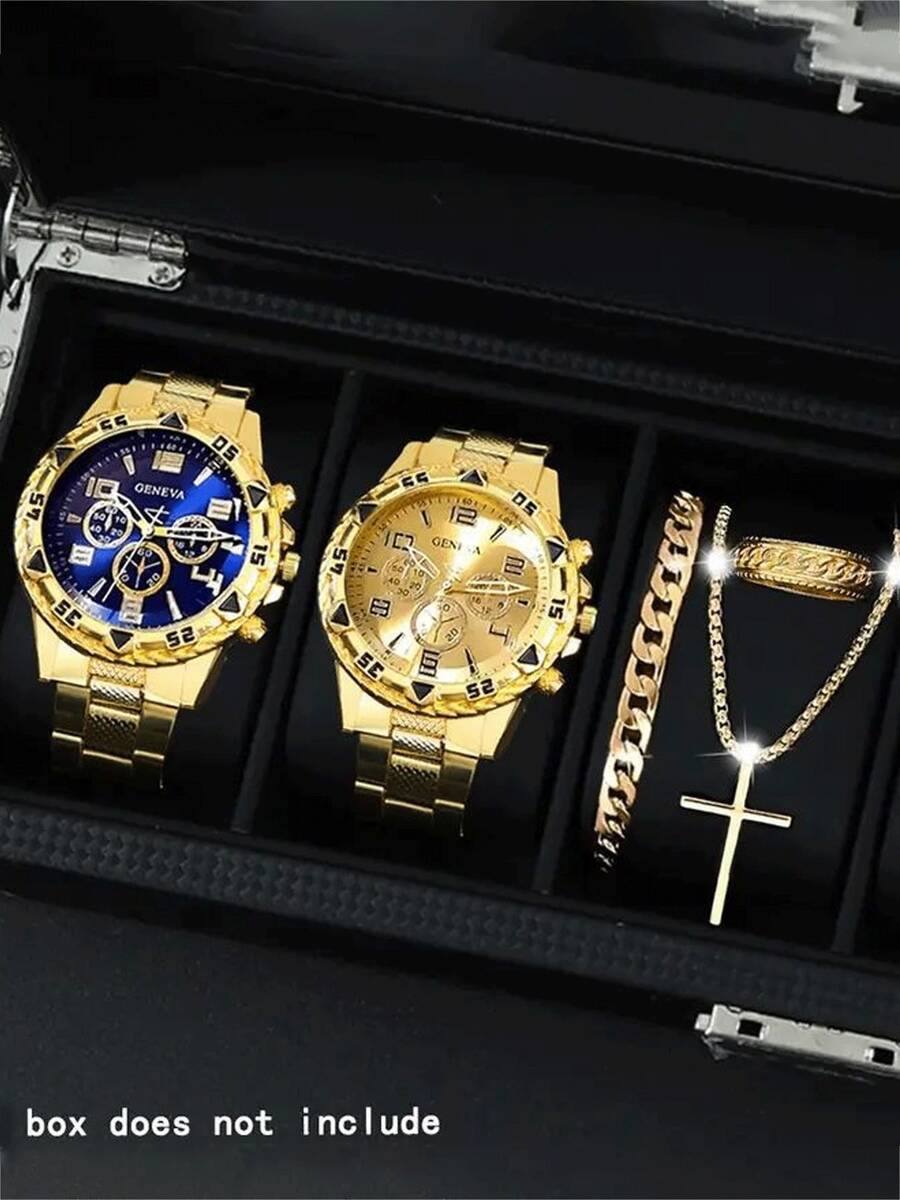 5pcs/Set Men's Watch And Jewelry Set, Business Stylish Silver And Gold Tone Watch Set For Men - Gold - View 1