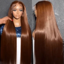 Peruca Frontal de Renda Reta Marrom de 34 Polegadas com Densidade de 200%, Cabelo Misturado de 13x4 HD, Cabelo Misturado Humano Pré-Desfiado com Linha de Cabelo Natural e Cabelo Bebê para Uso Diário