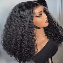 MECRY 36英寸长深卷曲巴西人发前额假发，无胶真人发，13x4高清蕾丝前额假发，湿润波浪蕾丝前额假发，预先拔毛真人蕾丝前额假发，女士款，180%浓密密度真人发 - 自然色&黑色系 - 查看 3