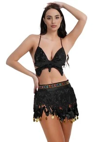 Conjunto de atuendo de actuación con lentejuelas y flecos, sujetador colorido + cadena para la cintura, disfraz de escenario de discoteca, disfraz de danza del vientre - Multicolor - Ver 21