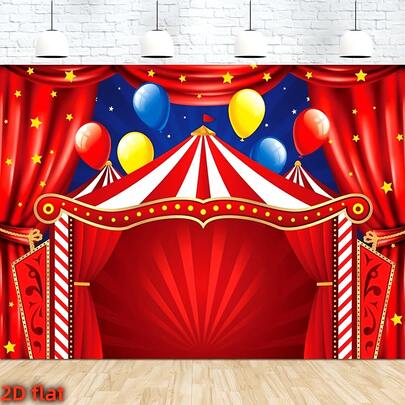 2D平面单件马戏团嘉年华主题派对背景幕布 - 亮红色和白色马戏团帐篷，配有气球、星星和节日装饰，适合生日、酒吧/派对、户外聚会 - 相机背景幕布，无需用电，派对背景幕布 | 马戏团主题装饰 | 涤纶横幅，马戏团主题装饰，2D平面