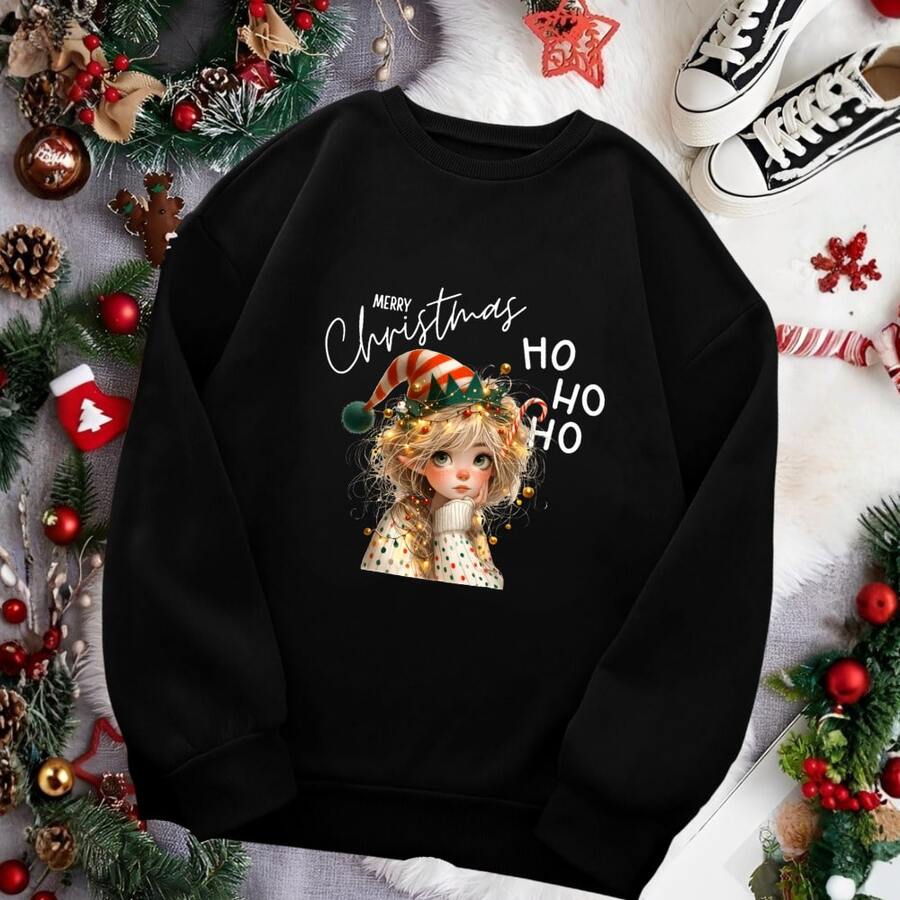 Moletom Unissex Natal Elfa de Natal Tecido Premium Flanelado Personalizado Delicado Festas Fim de Ano Feliz Natal - Preto - Visão 1