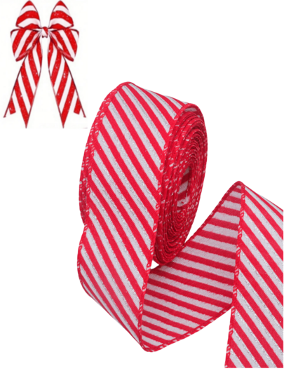 1/2Rolls Of Glitter Christmas Ribbon Set, Polyester Material, Red And White Stripes With Wire Edge, Suitable For Gift Wrapping, DIY Crafts, Holiday Tree Decorations