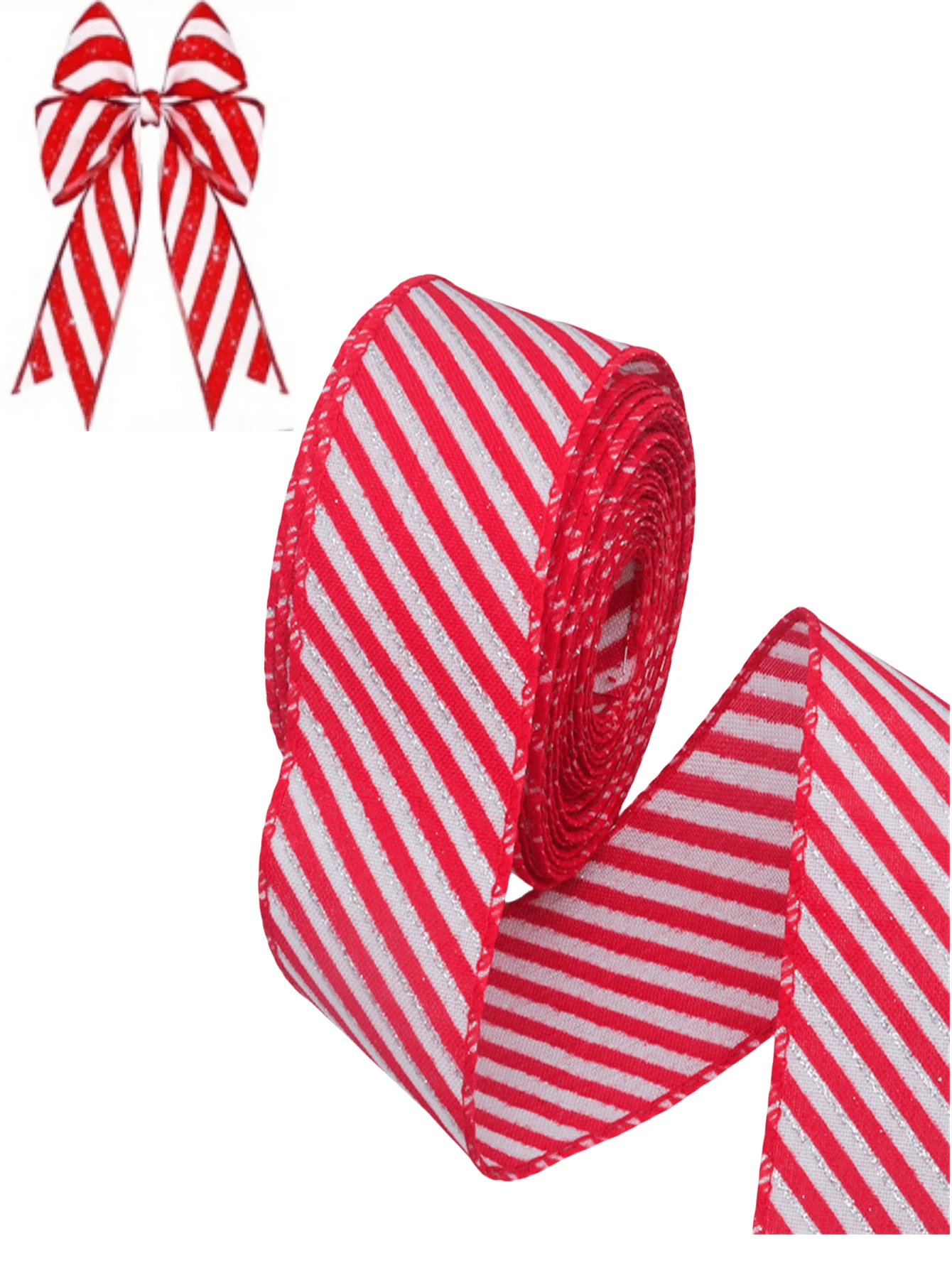 1/2Rolls Of Glitter Christmas Ribbon Set, Polyester Material, Red And White Stripes With Wire Edge, Suitable For Gift Wrapping, DIY Crafts, Holiday Tree Decorations