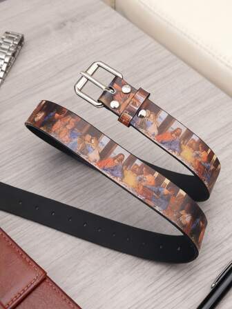 1pc The Last Supper Oil Painting Floral Print Men's Buckle Belt, Casual Personalized Party Decoration Waist Belt, 120cm Length Old Money Vintage Autumn/Fall Urban Outfit Classic Christmas Winter Fashion Daily Men Boyfriend Gift