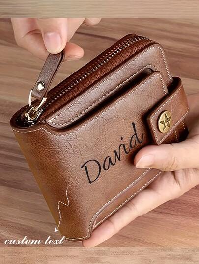 1 pieza Billetera de moda personalizada para hombres - Grano de árbol de piel sintética personalizada, con cremallera, ranuras para tarjetas y monedero, soporte de identificación bifold multifunción vintage